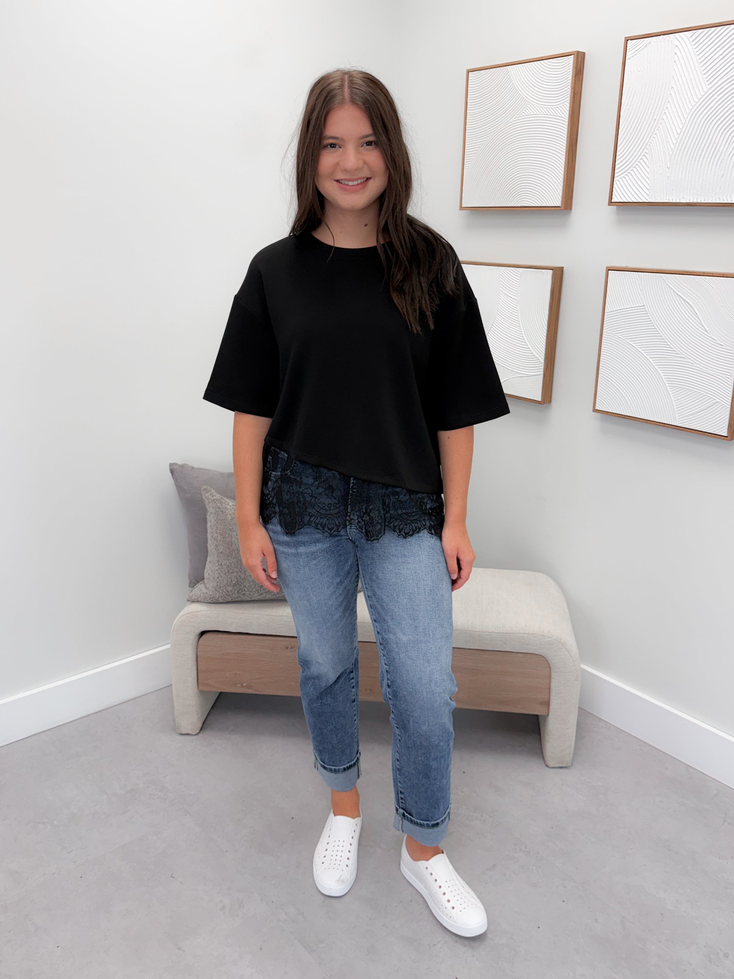 Usha Lace Bottom Tee in Black