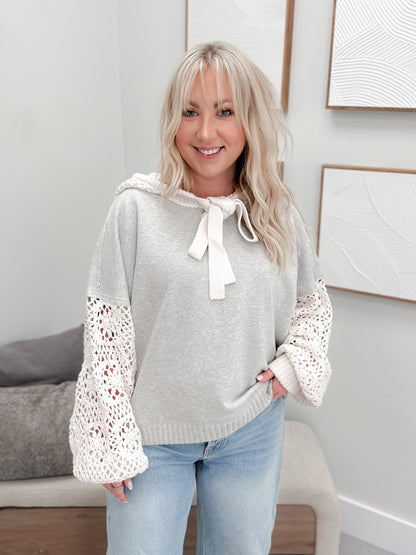Laced In Crochet Contrast Long Sleeve Hoodie in Grey by Free People