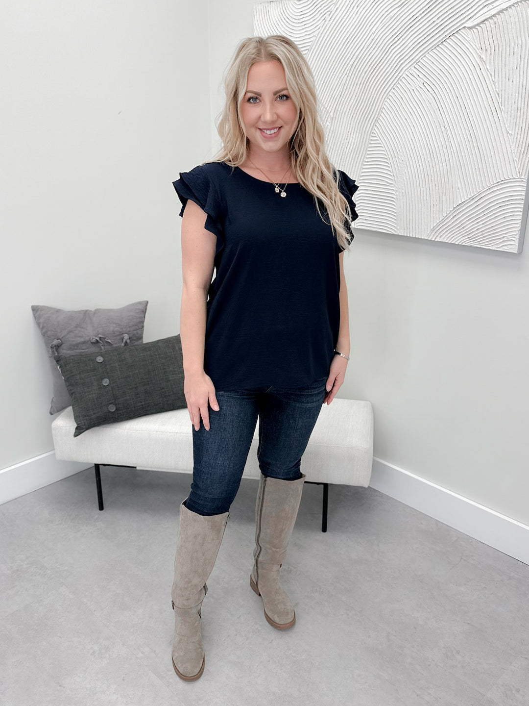 Ava Flutter Top in Navy