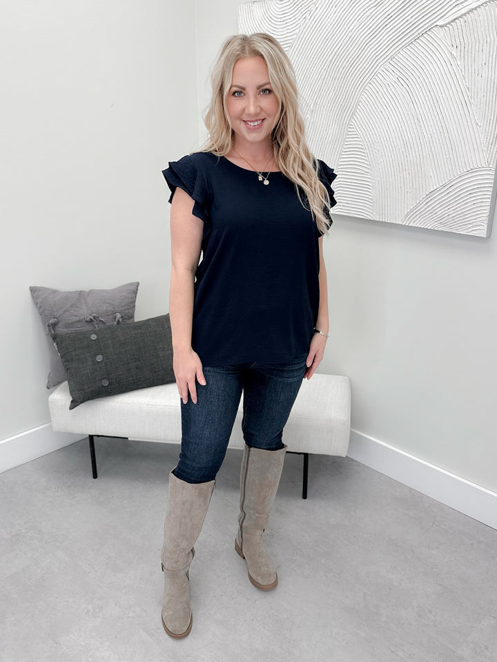 Ava Flutter Top in Navy