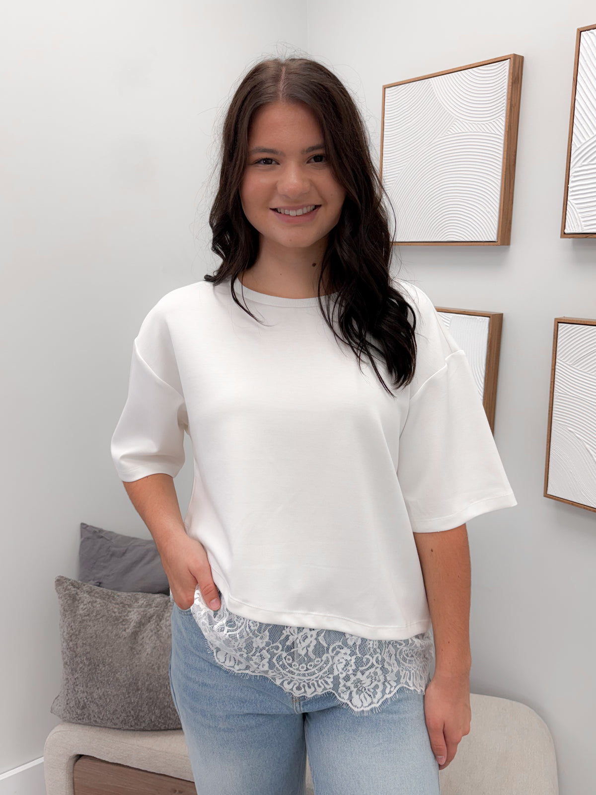 Usha Lace Bottom Tee in Cloud