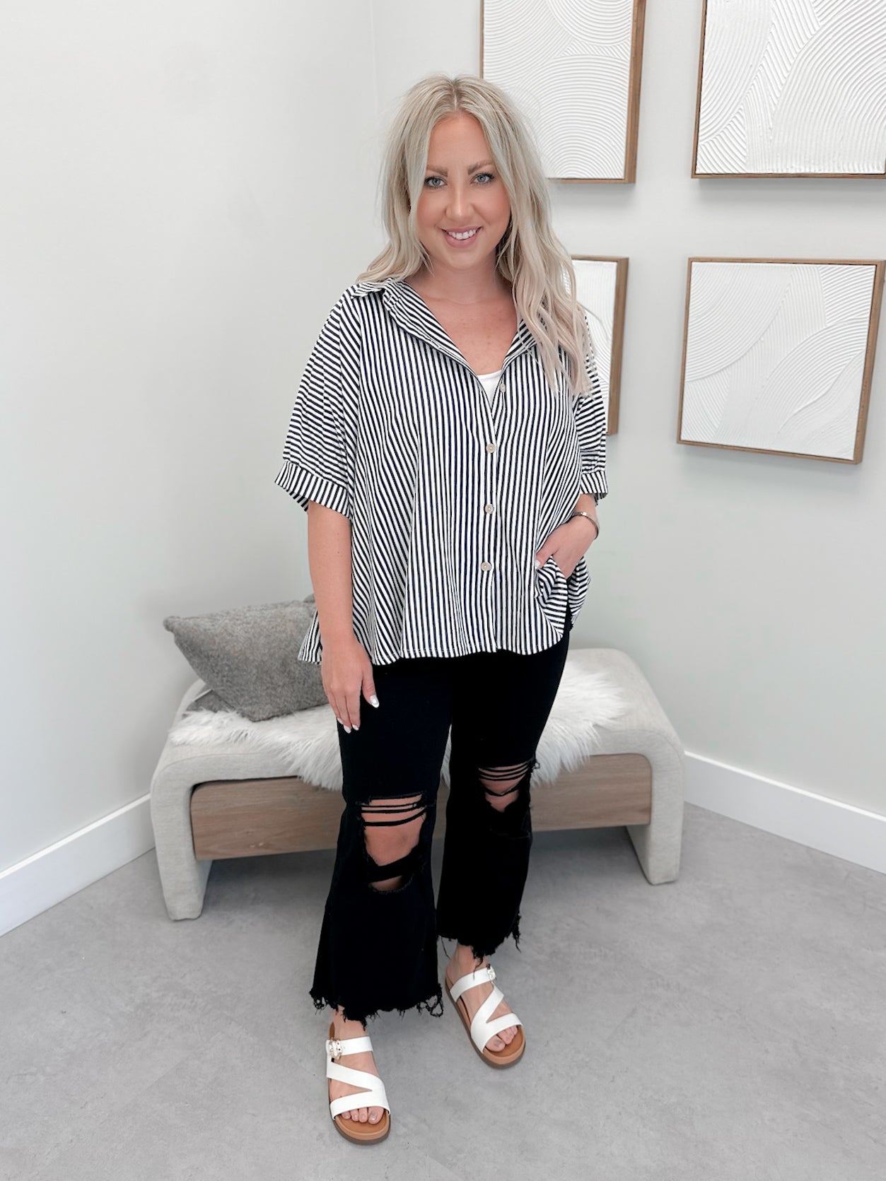 Domino Button Up Top in Navy Stripe