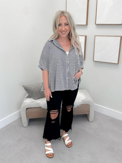 Domino Button Up Top in Navy Stripe