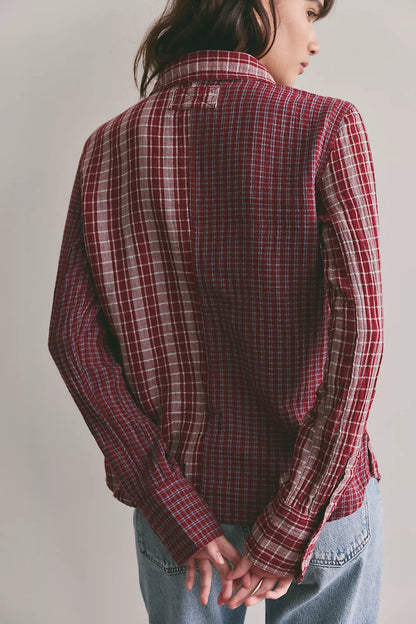 Benny Slim Plaid Button Down in Red Rust by Free People