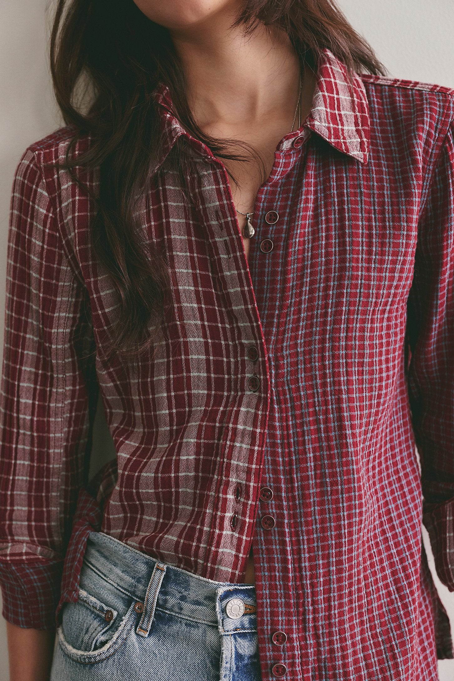 Benny Slim Plaid Button Down in Red Rust by Free People