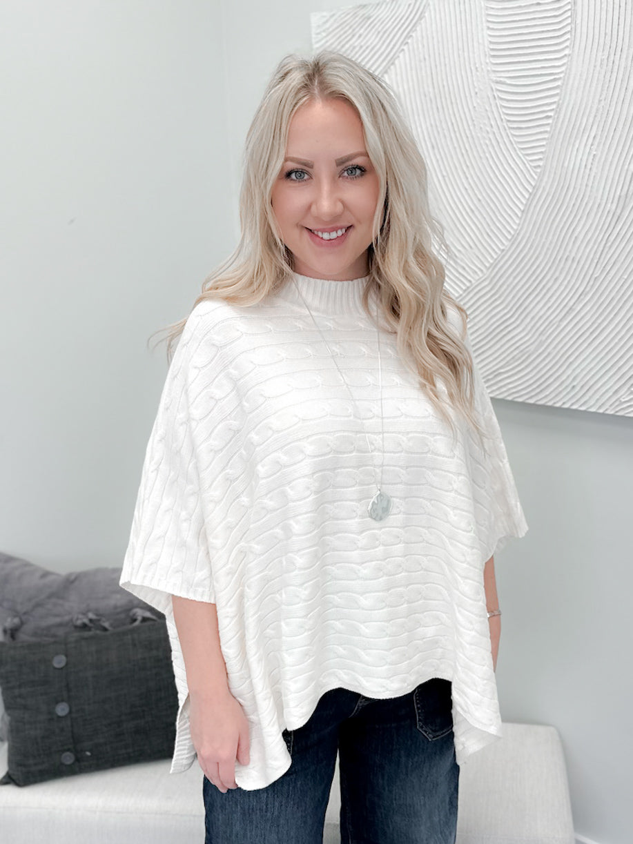 Claire Cable Knit Poncho Sweater in Cream