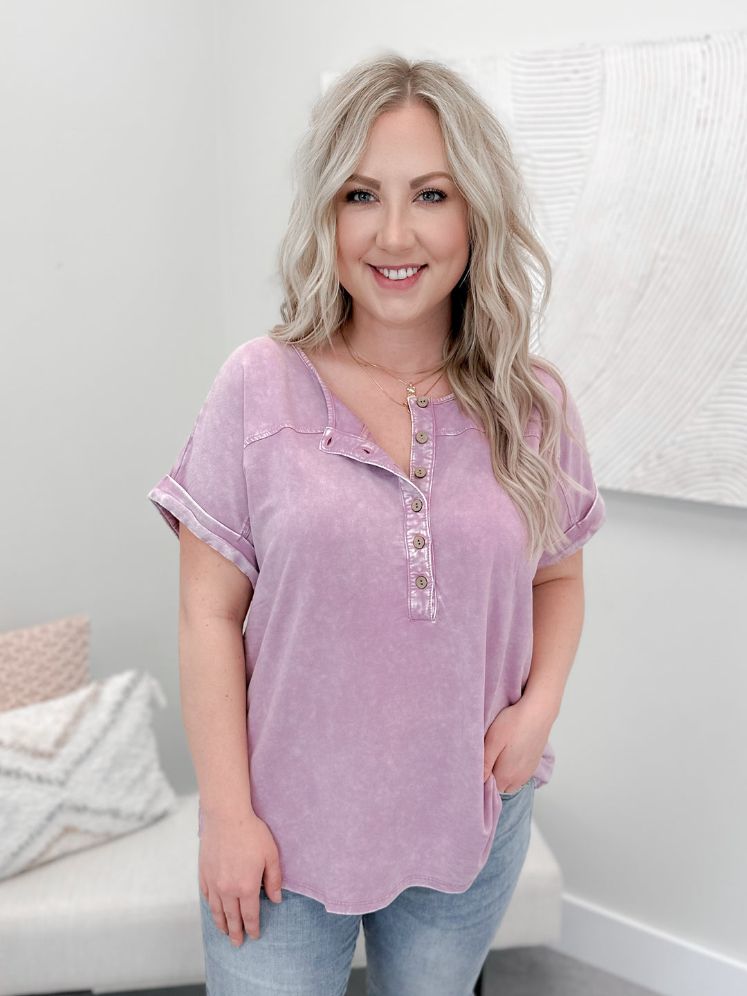 Henley Mineral Washed Tee in Washed Violet by Grace & Lace