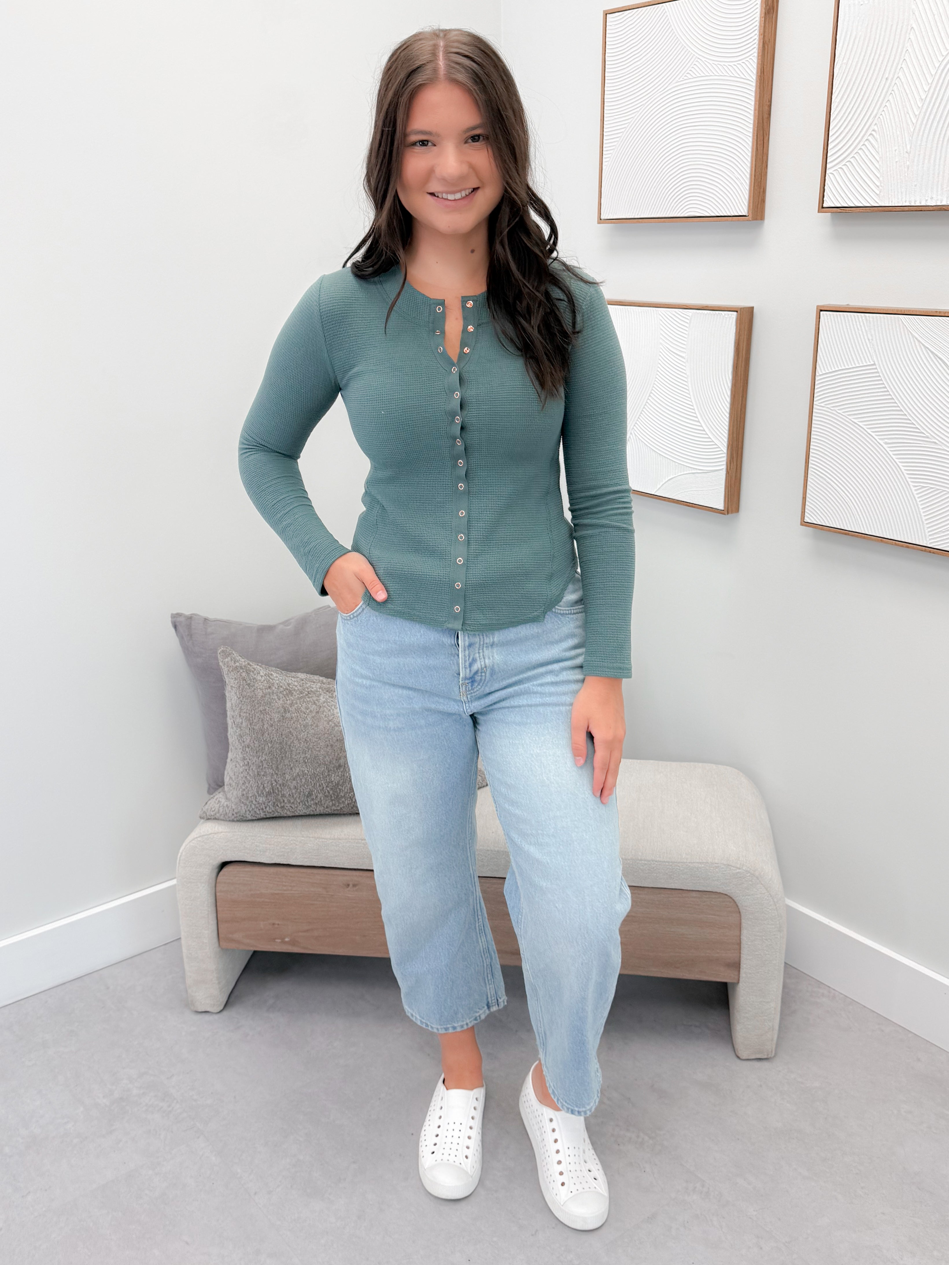 Coming Up Waffle Long Sleeve in Jade