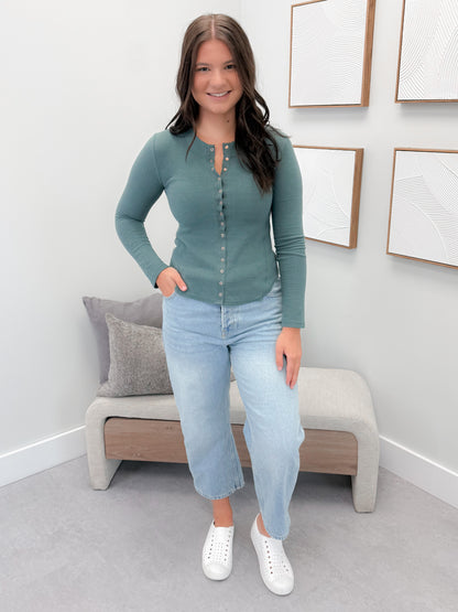 Coming Up Waffle Long Sleeve in Jade