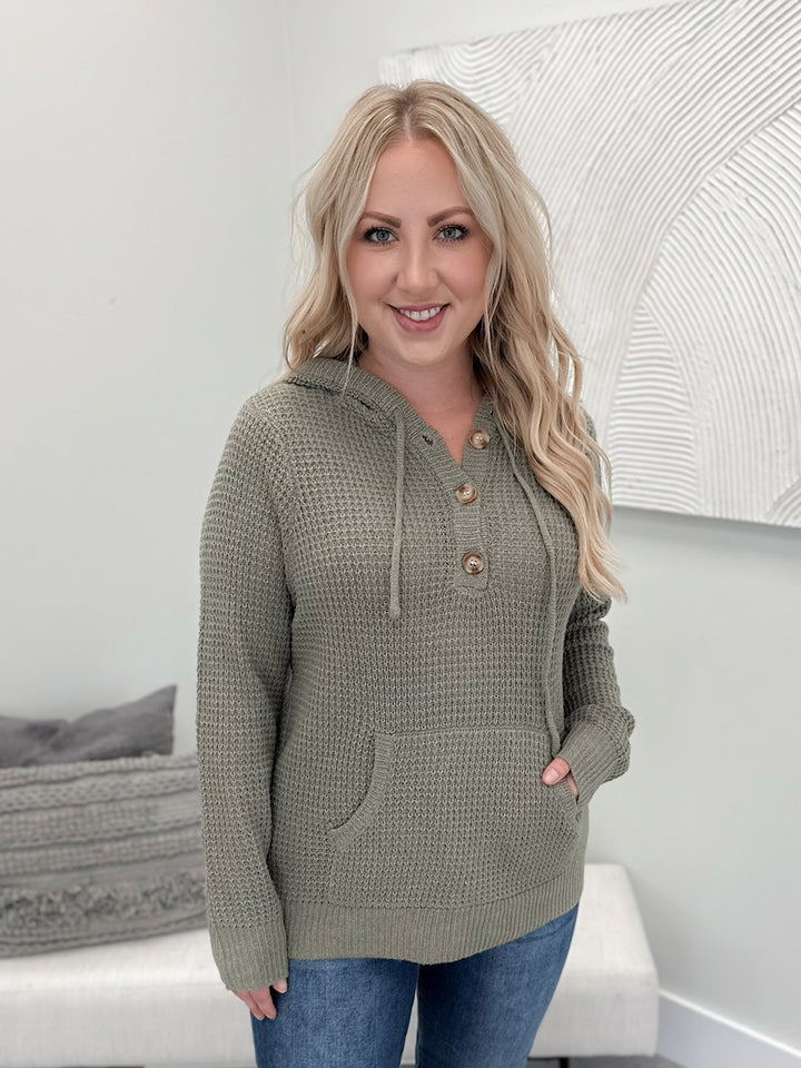 Ola Hooded Waffle Sweater in Olive