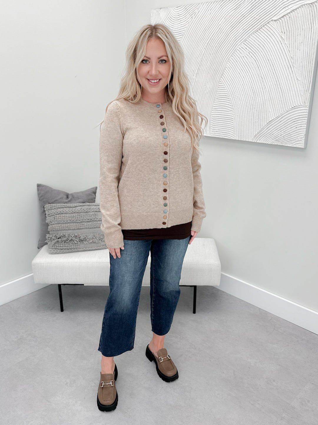 Scottie Button Cardi in Light Mocha