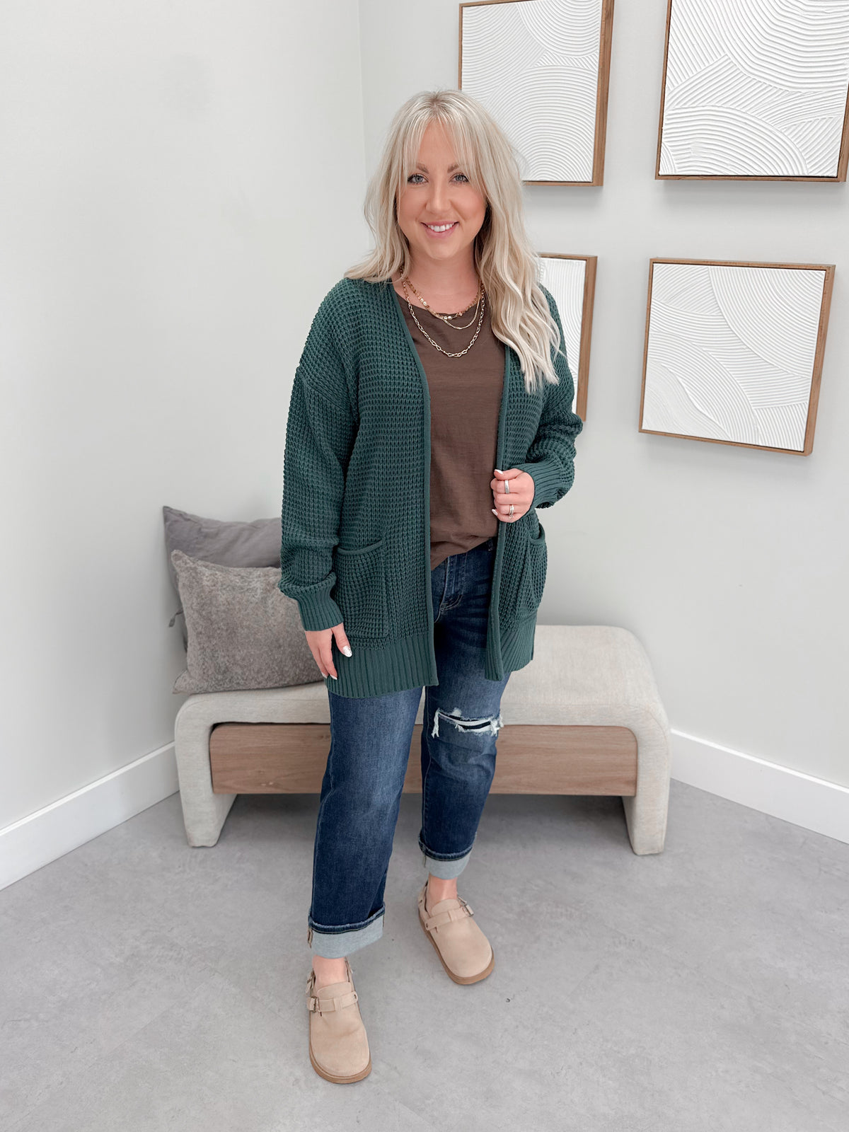 Wanda Waffle Cardi in Ash Jade