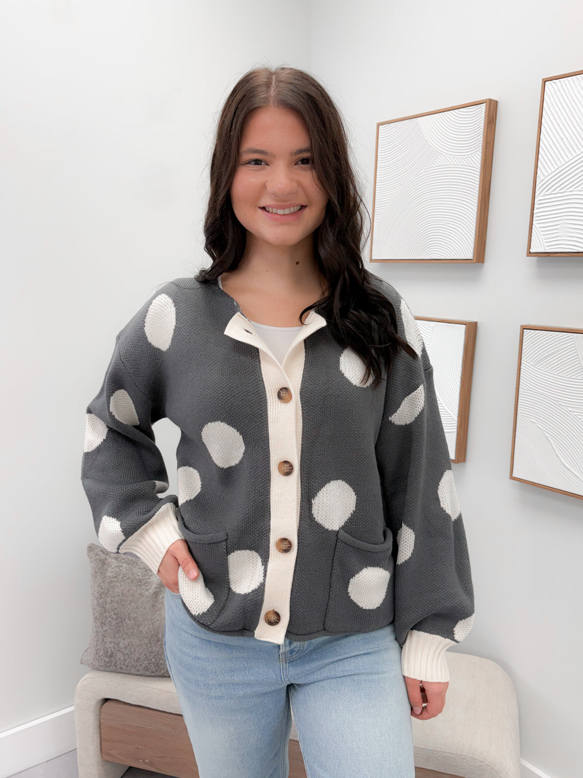 Jodi Cardigan in Grey Polka Dot