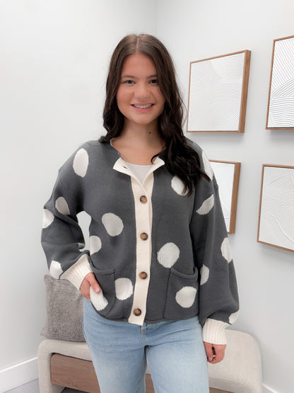 Jodi Cardigan in Grey Polka Dot