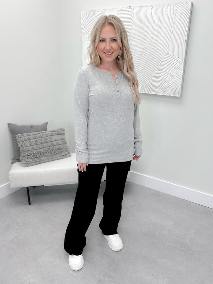 Brielle Henley Ribbed Long Sleeve in Grey by Michelle Mae