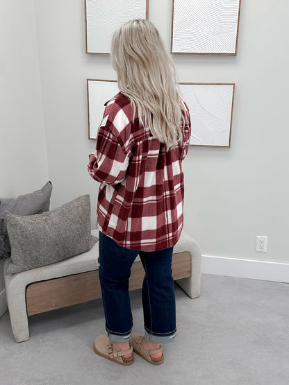 Hazy Fleece Shacket in Burgundy Plaid