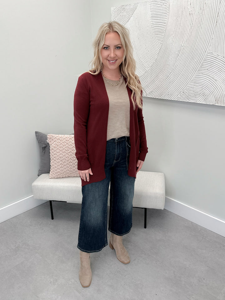 Soft Longline Pocket Cardigan in Burgundy