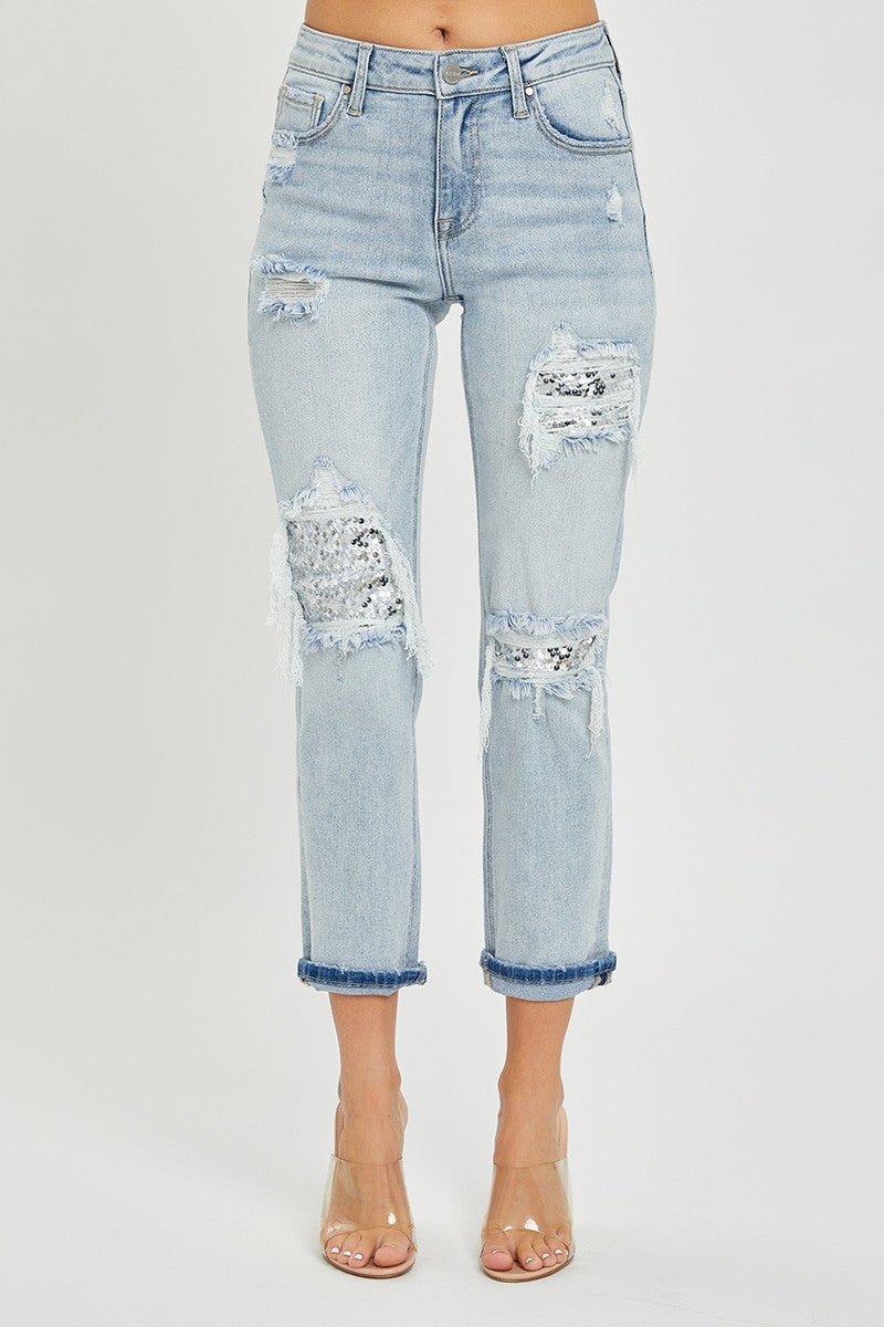 Milestone Sequin Patched Jeans by Risen