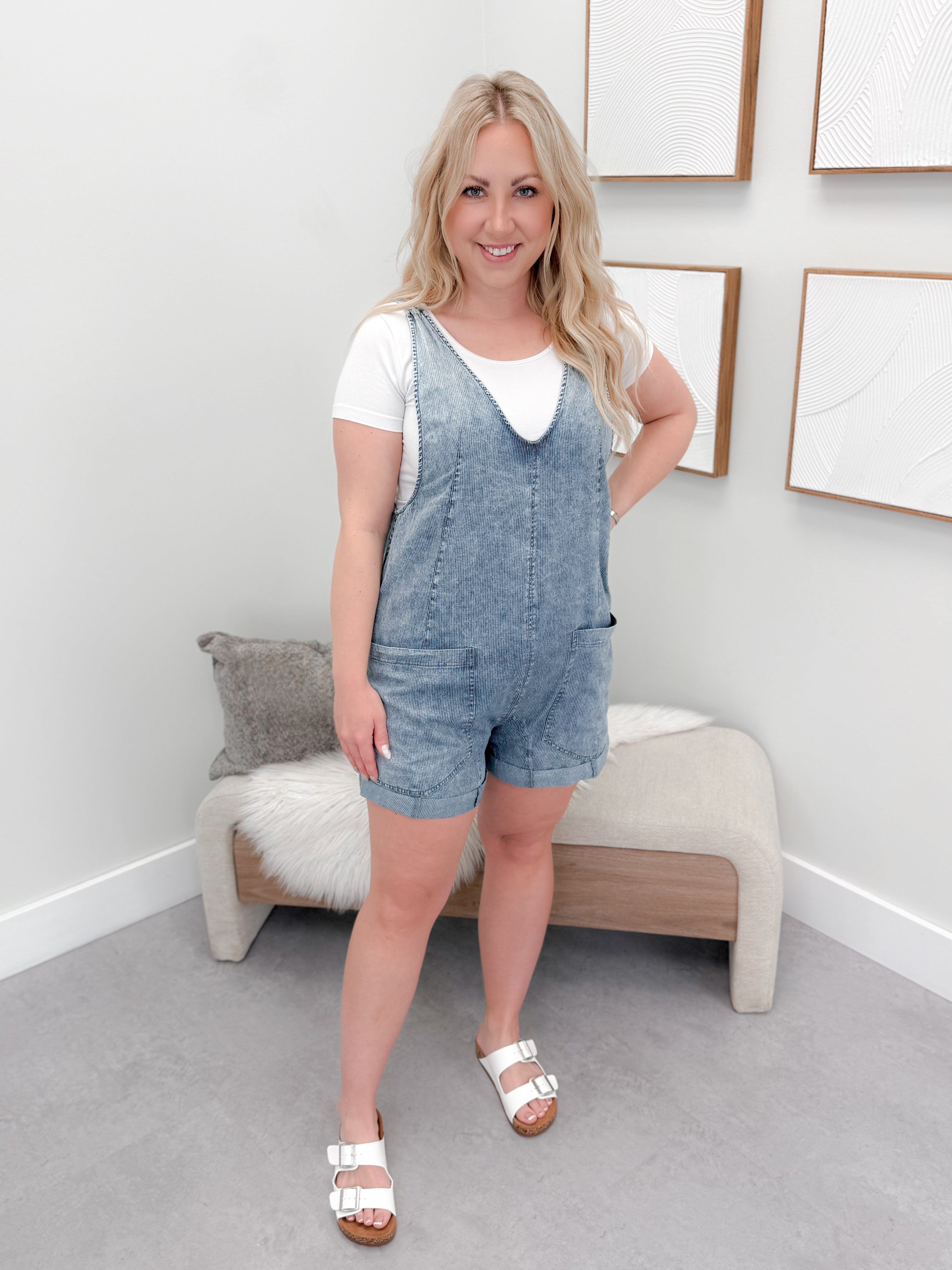 Rylee Romper Overalls in Washed Blue
