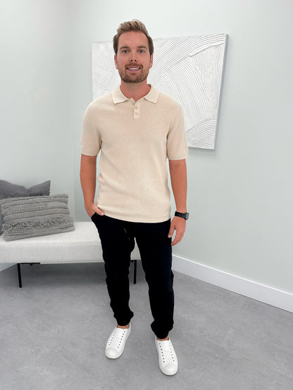 Mens Duncan Knit Mens Polo in Ecru