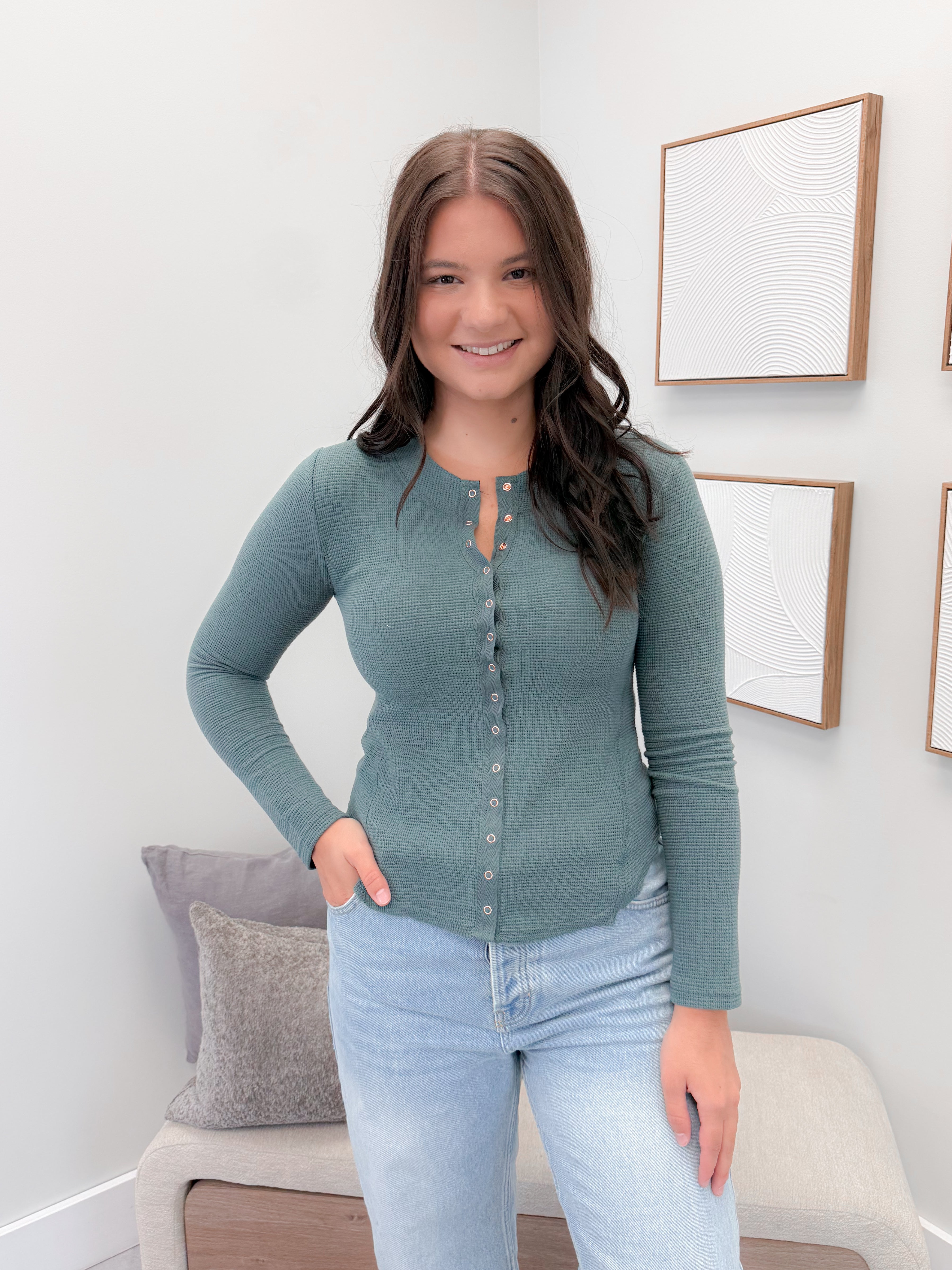 Coming Up Waffle Long Sleeve in Jade