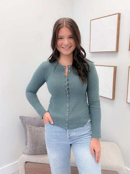Coming Up Waffle Long Sleeve in Jade