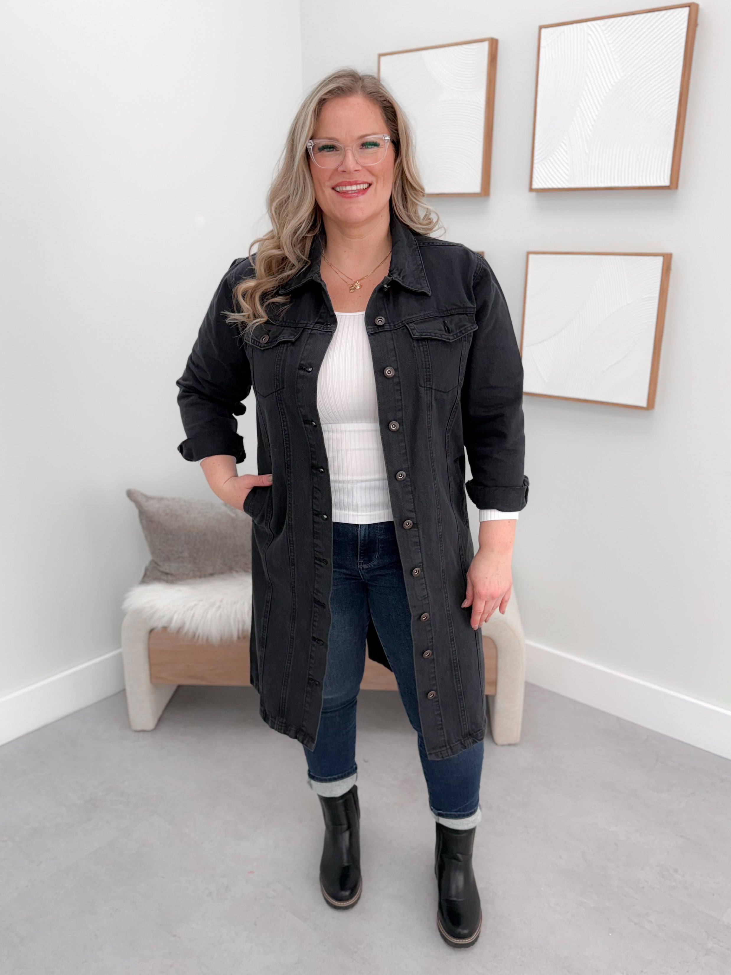 Kylen Long Jean Jacket in Black