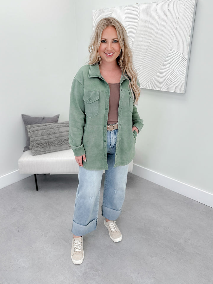 Piper Fleece Shacket in Moss