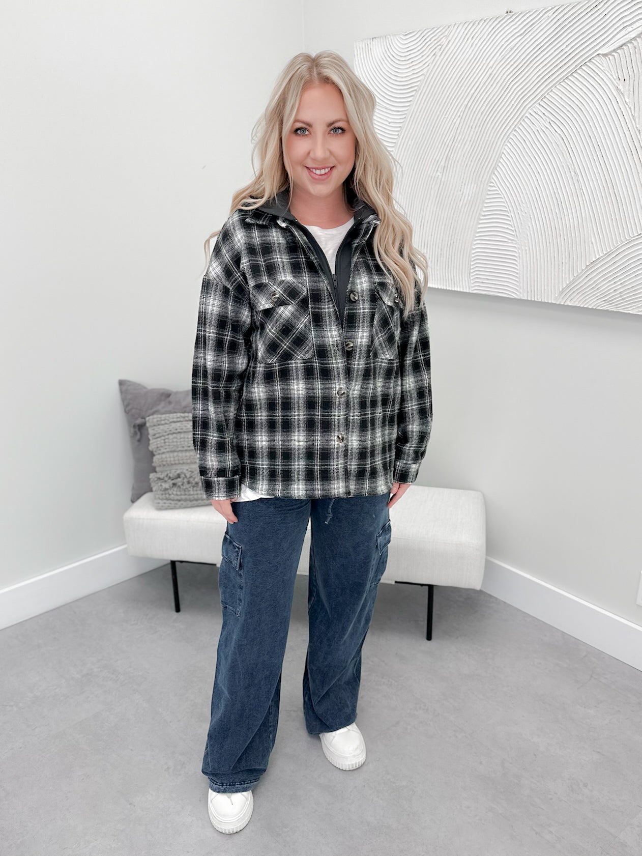 Hadley Hooded Shacket in Black Plaid