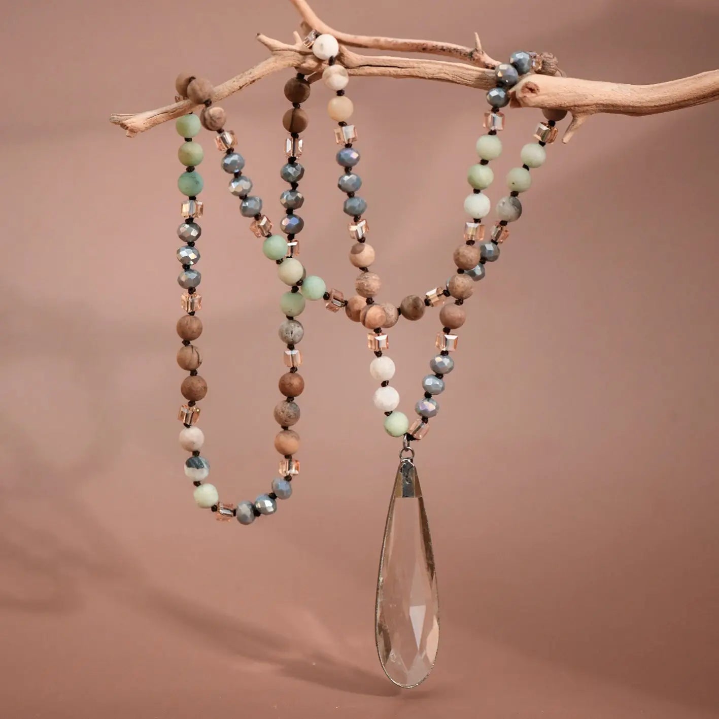 Natural Stone Bead Necklace with Crystal