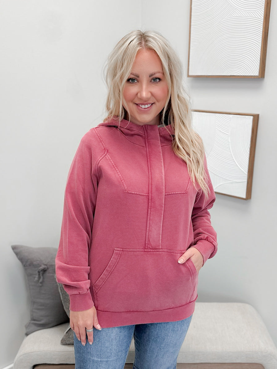 Ryker Half Zip Hoodie in Vintage Wash Berry