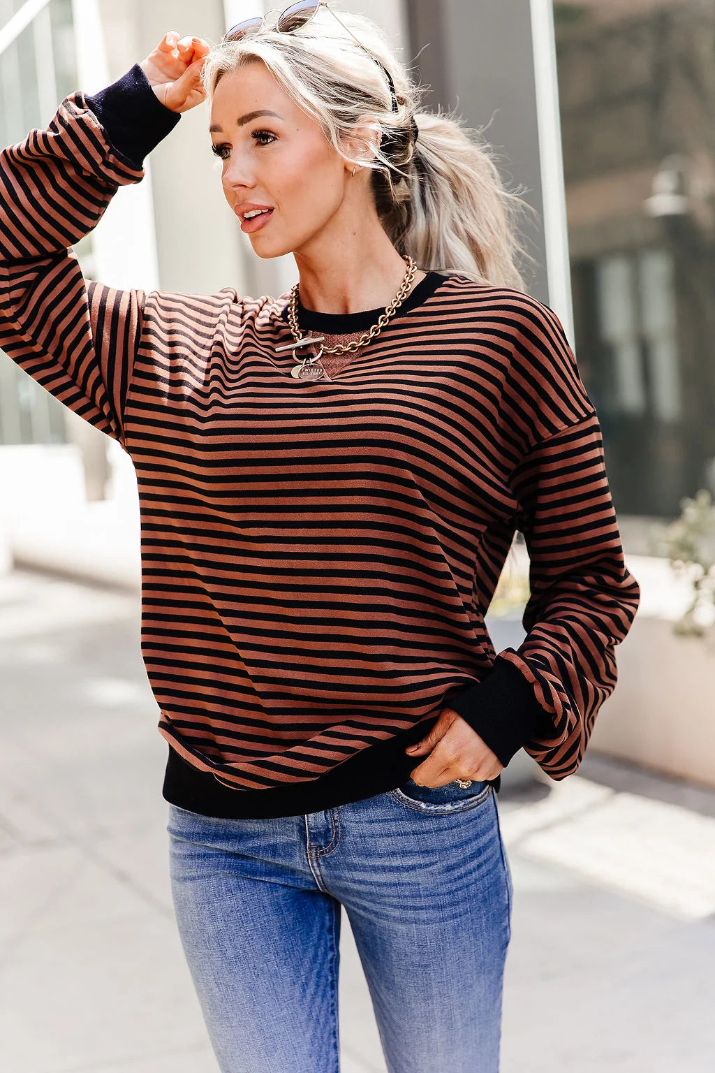 Performance Fleece University Pullover in Chai Stripe