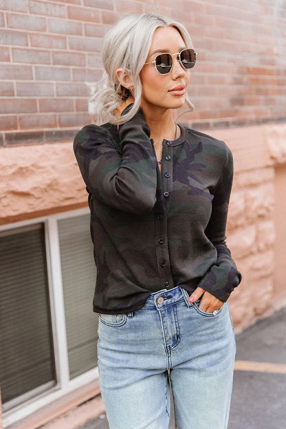 Button Front Long Sleeve Lulu in Cross Country Camo by Ampersand Ave