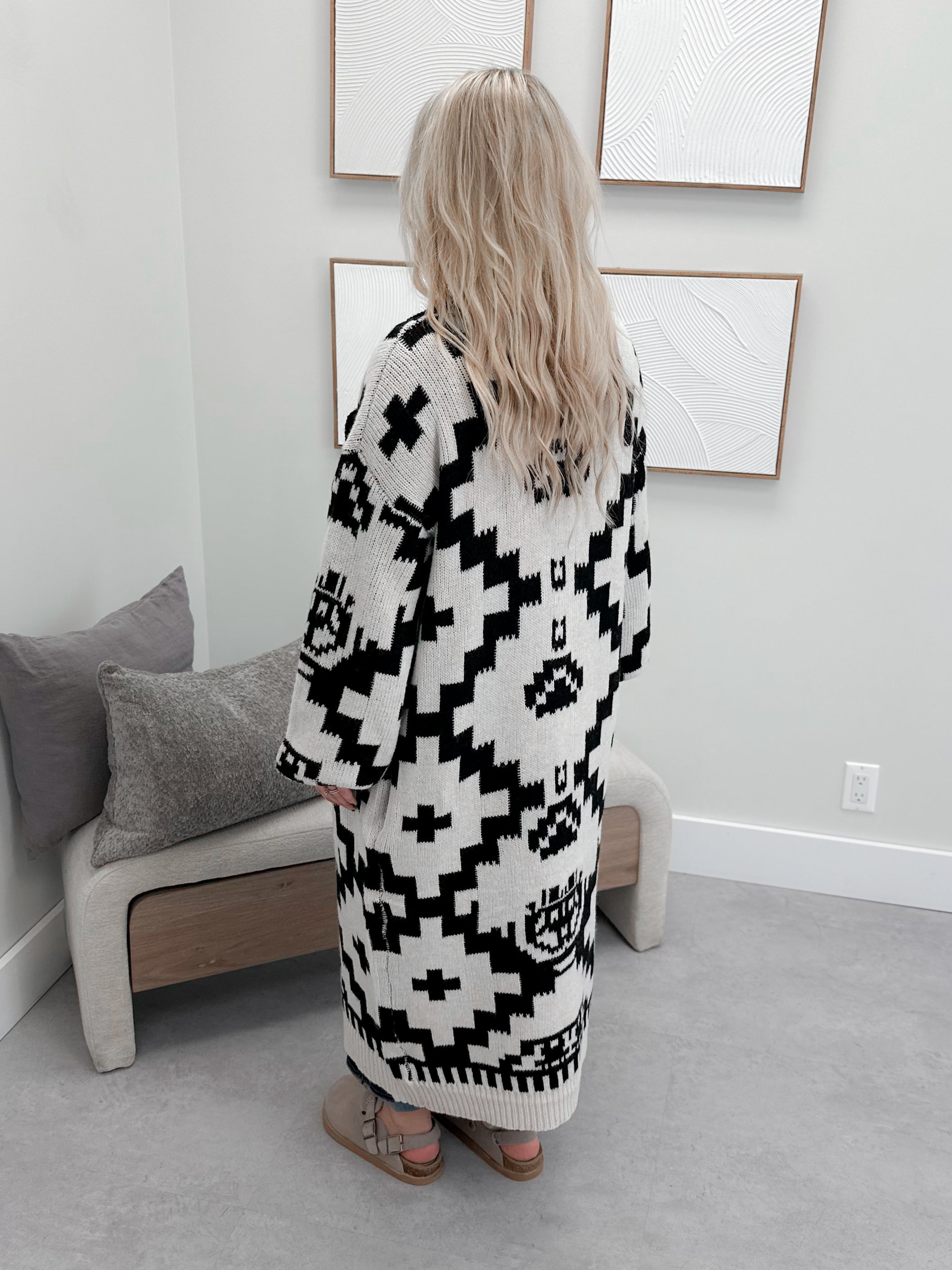 Downtown Long Coatigan in Cream & Black