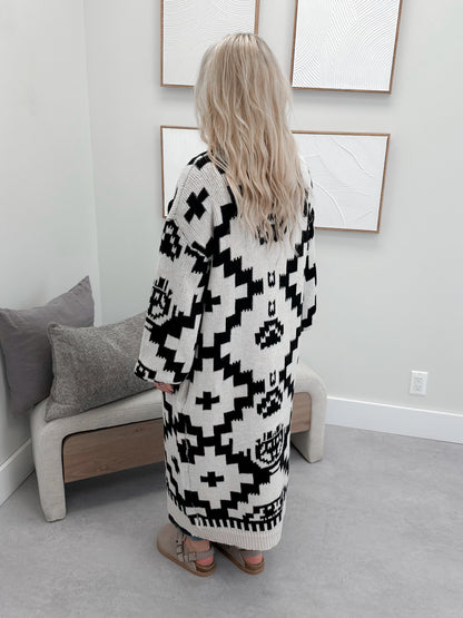 Downtown Long Coatigan in Cream & Black