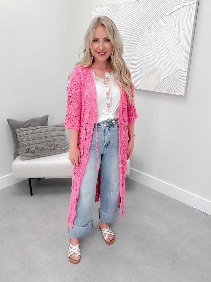 Jazzlyn Crochet Long Cardi in Pink by Pol