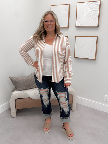 Devora Stripe Button Up in Taupe
