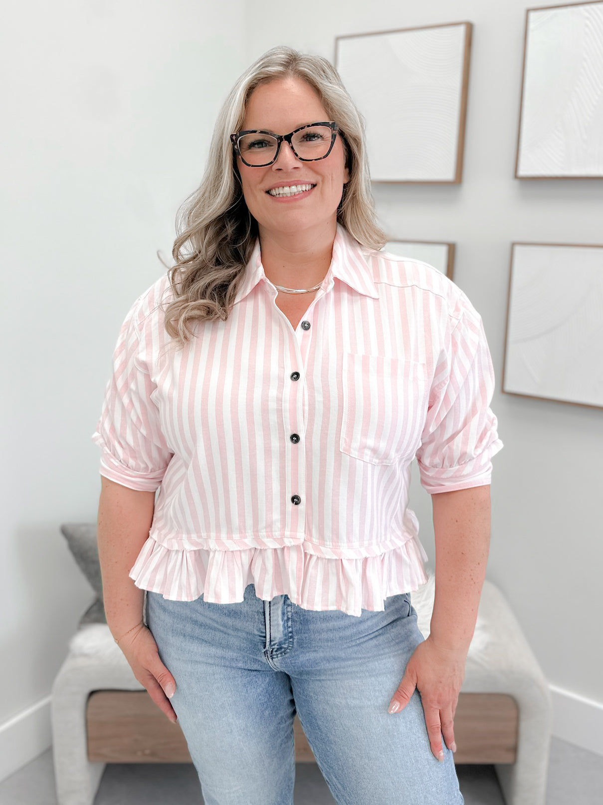 Talia Button Up Stripe Top in Pink