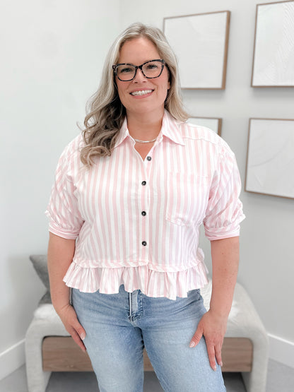 Talia Button Up Stripe Top in Pink