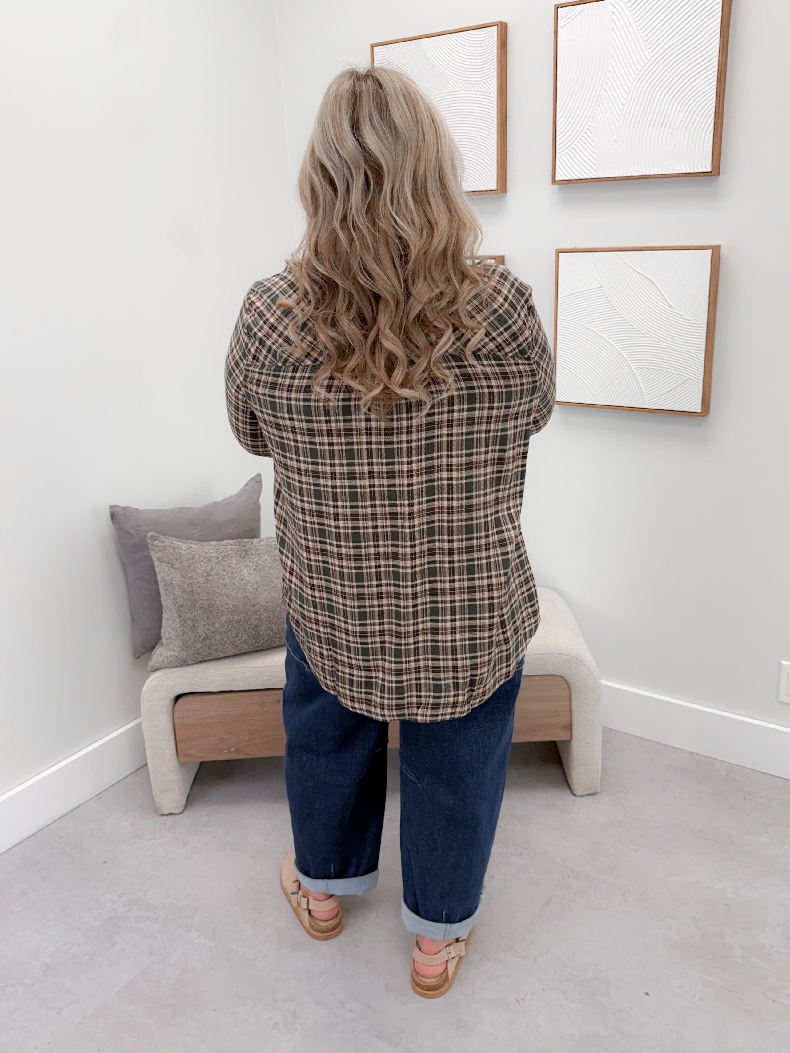 Forest Button Up in Olive Plaid