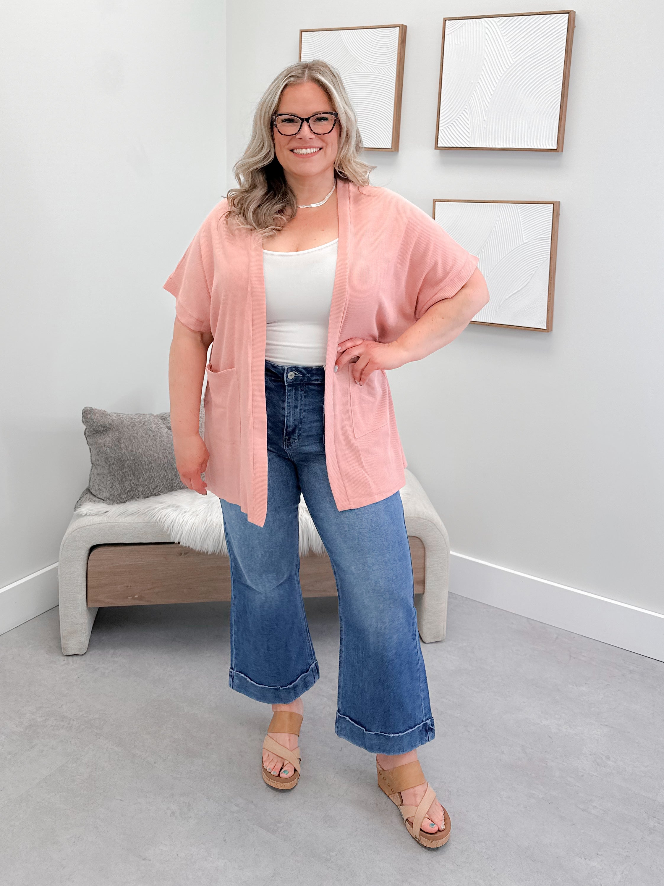 Lorainne Waffle Cardi in Pink