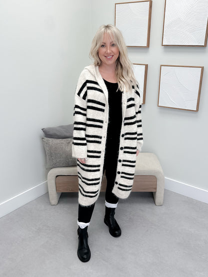 Cozy Up Striped Hooded Cardigan in Ivory/Black by Pol