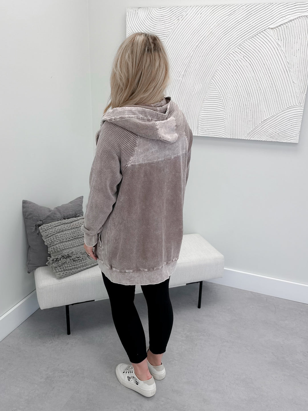 Juno Waffle Full Zip Hoodie in Deep Taupe