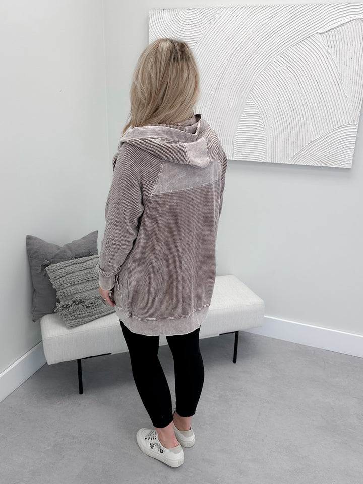 Juno Waffle Full Zip Hoodie in Deep Taupe