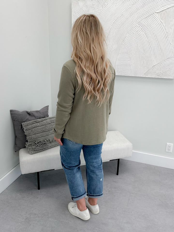Waffle Knit Button Top in Olive