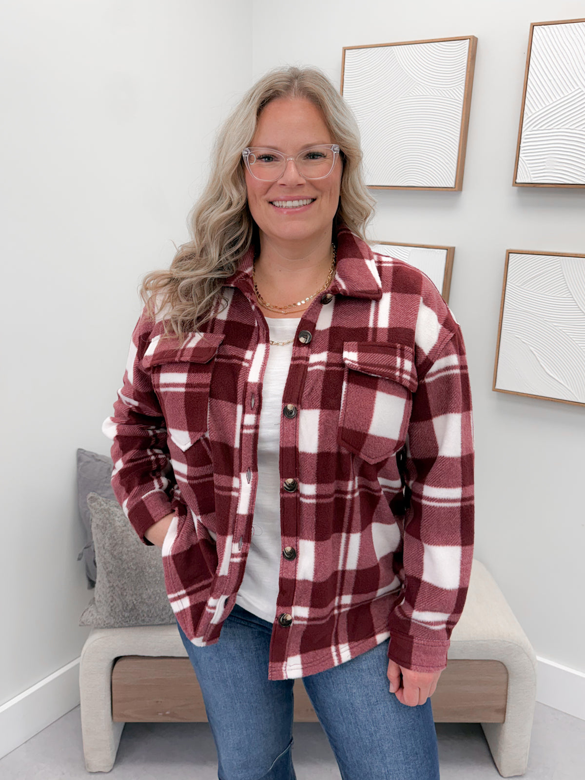 Hazy Fleece Shacket in Burgundy Plaid
