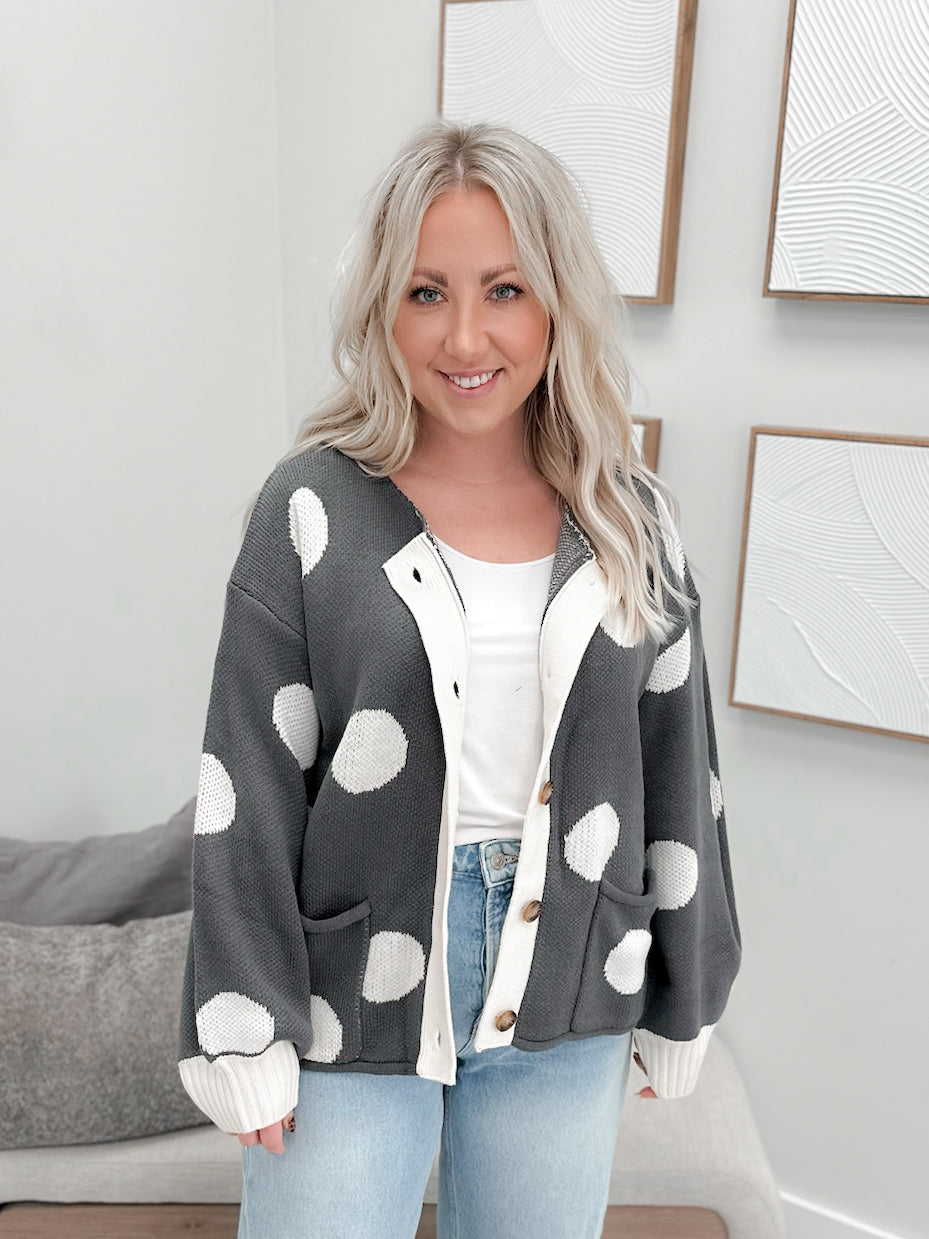 Jodi Cardigan in Grey Polka Dot