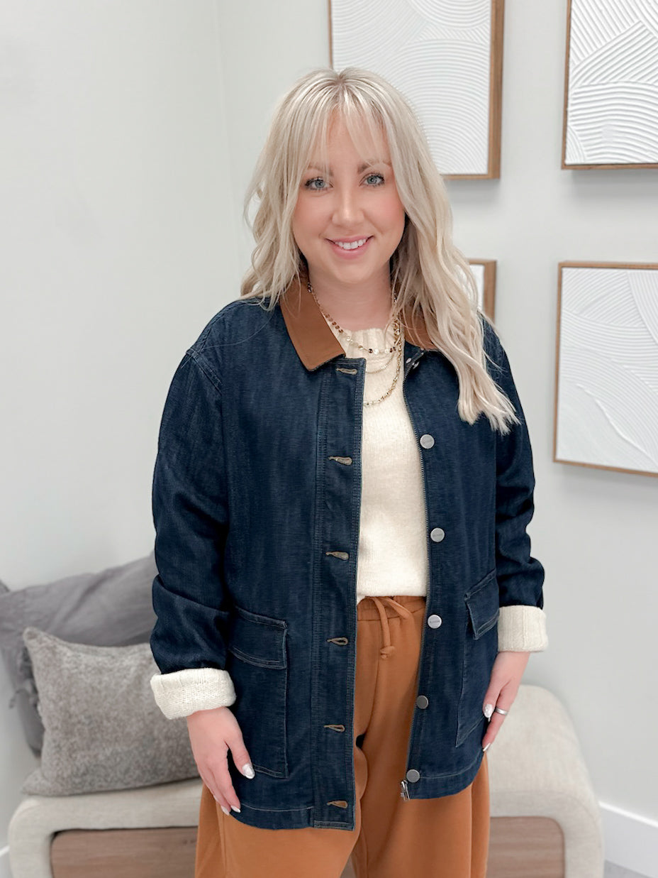 Miranda Leather Collar Denim Jacket by Risen
