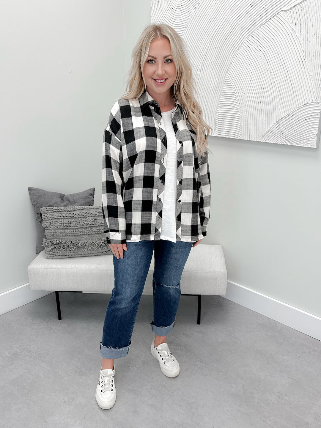 Deana Button Up in Cream/Black GIngham