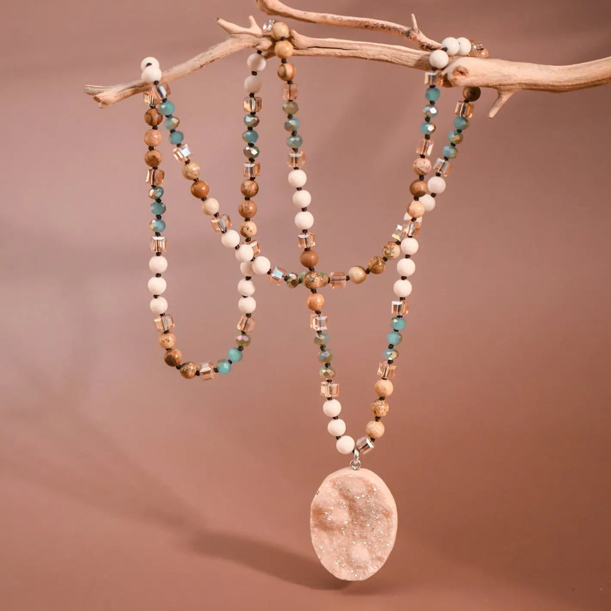 Natural Stone Bead Necklace with Druzy Pendant